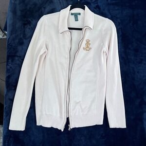 Ralph Lauren Womens Ribbed Knit Full Zip Cardigan Sweater‎ Crown Logo READ